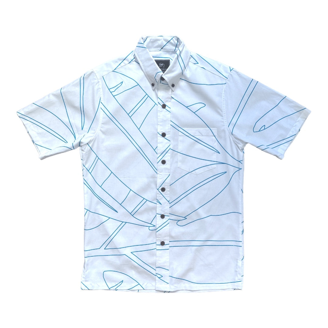 Heʻikelau Button Up Aloha Shirt- White