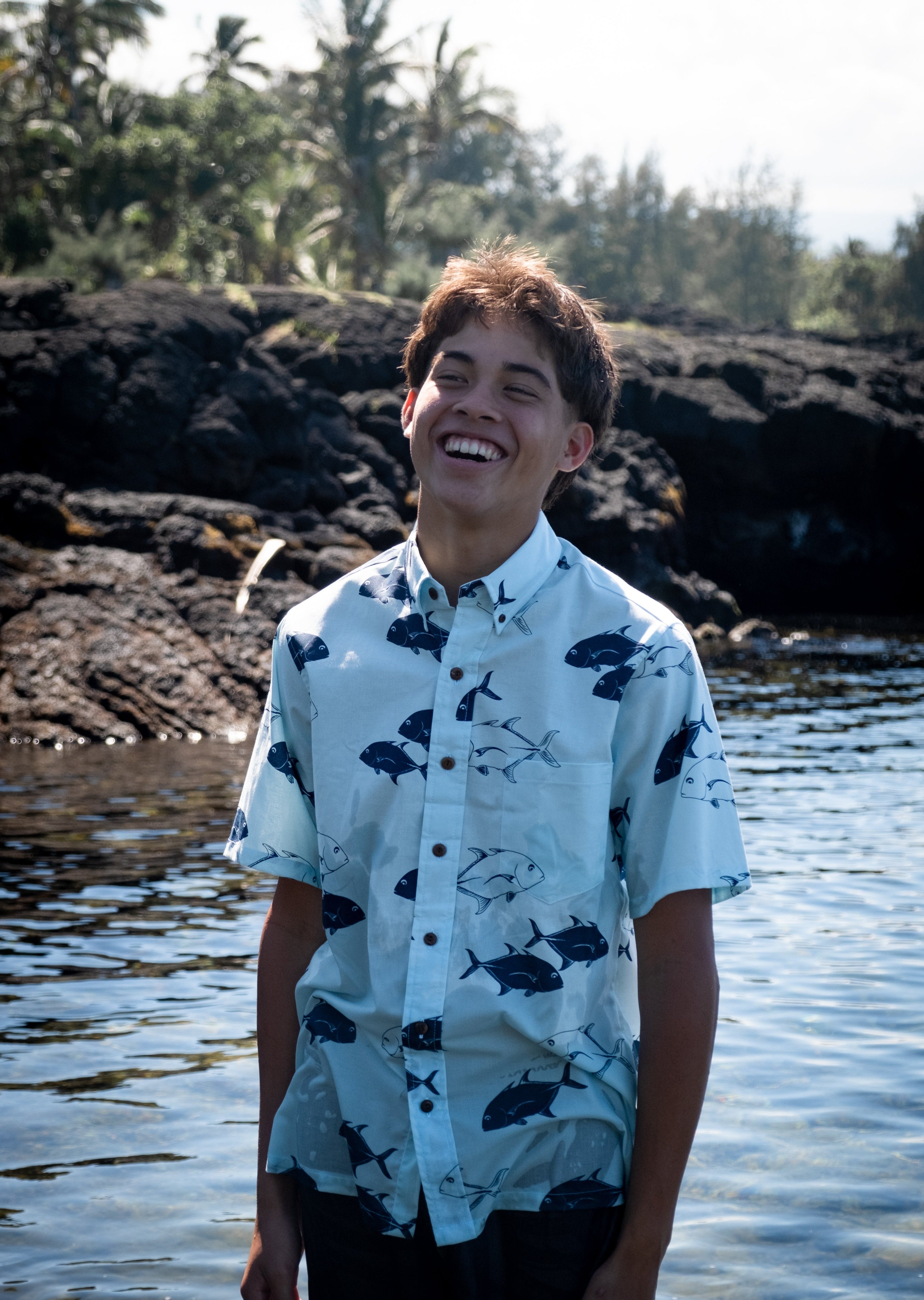 Pāpiopio Button Up Aloha Shirt- Baby Blue