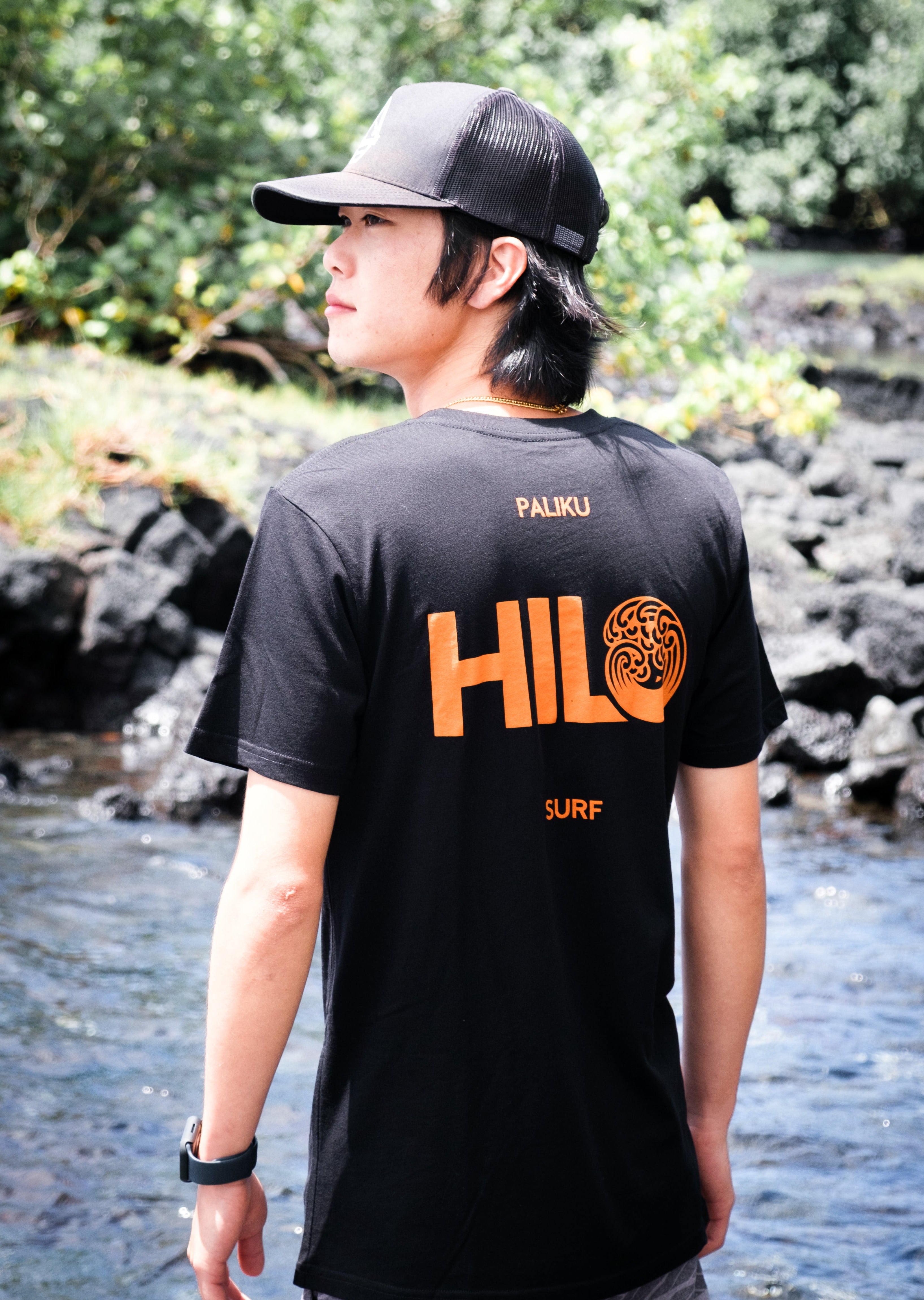 Hilo Palikū Wave Short Sleeve Tee Shirt- Black/ Orange
