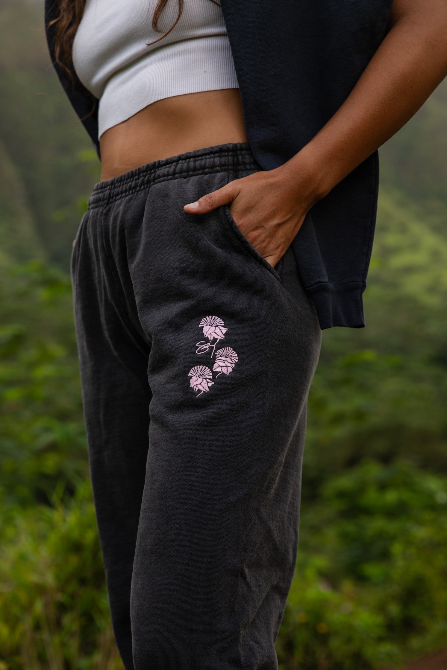 Embroidered Nā Huihui Lehua Sweatpants- Vintage Black