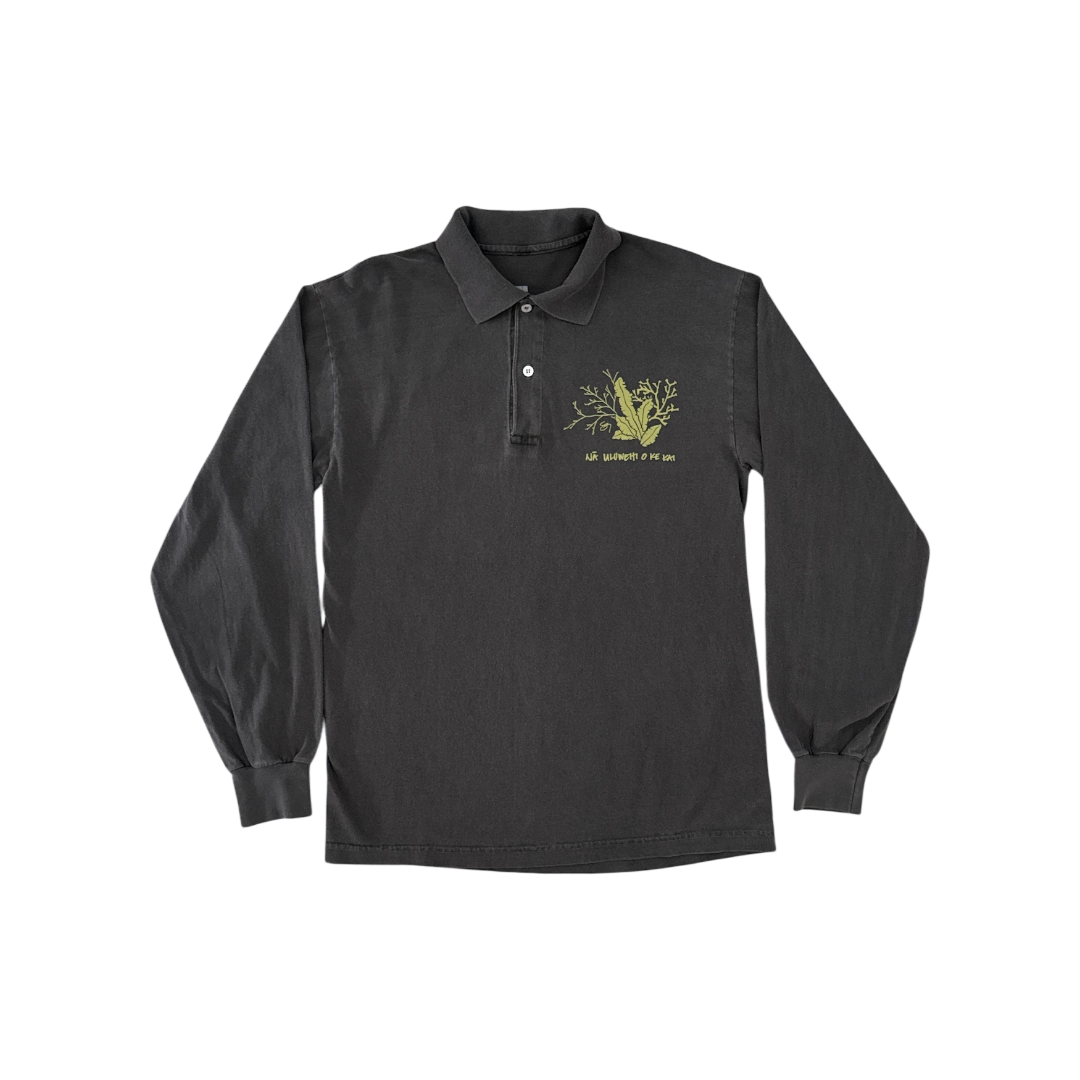 Nā Uluwehi O Ke Kai Longsleeve Polo Shirt- Vintage Black
