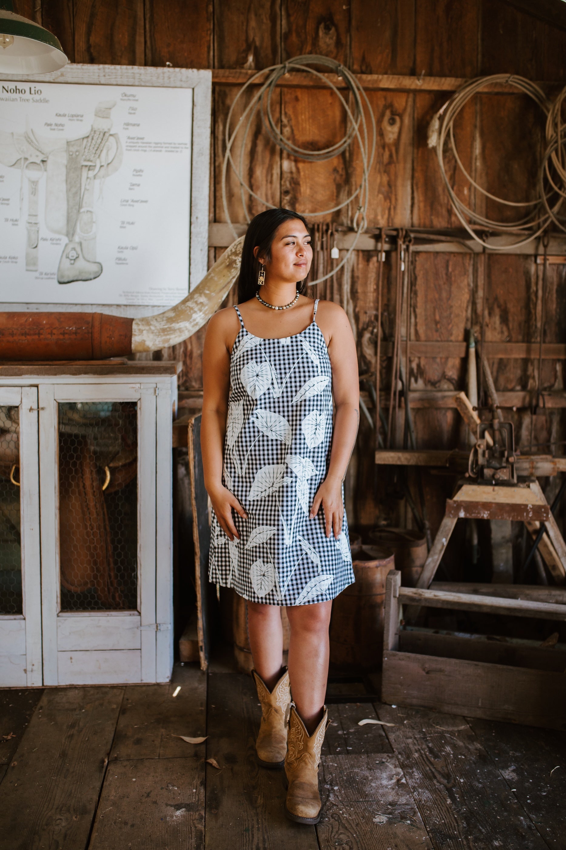 Pololū Pua Ka Hīnano Dress- Black Gingham