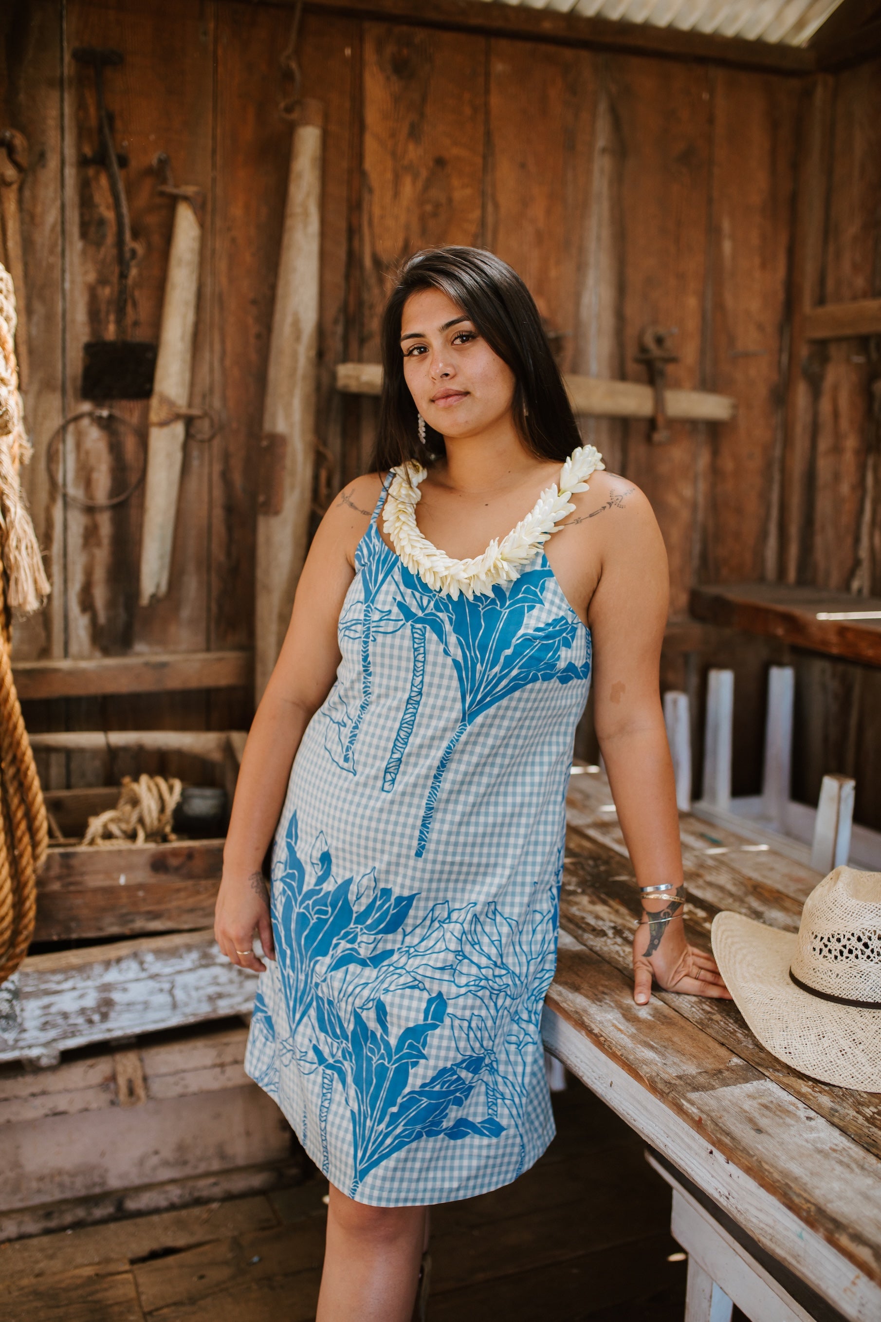 Kalaukī Pua Ka Hīnano Dress- Blue Gingham